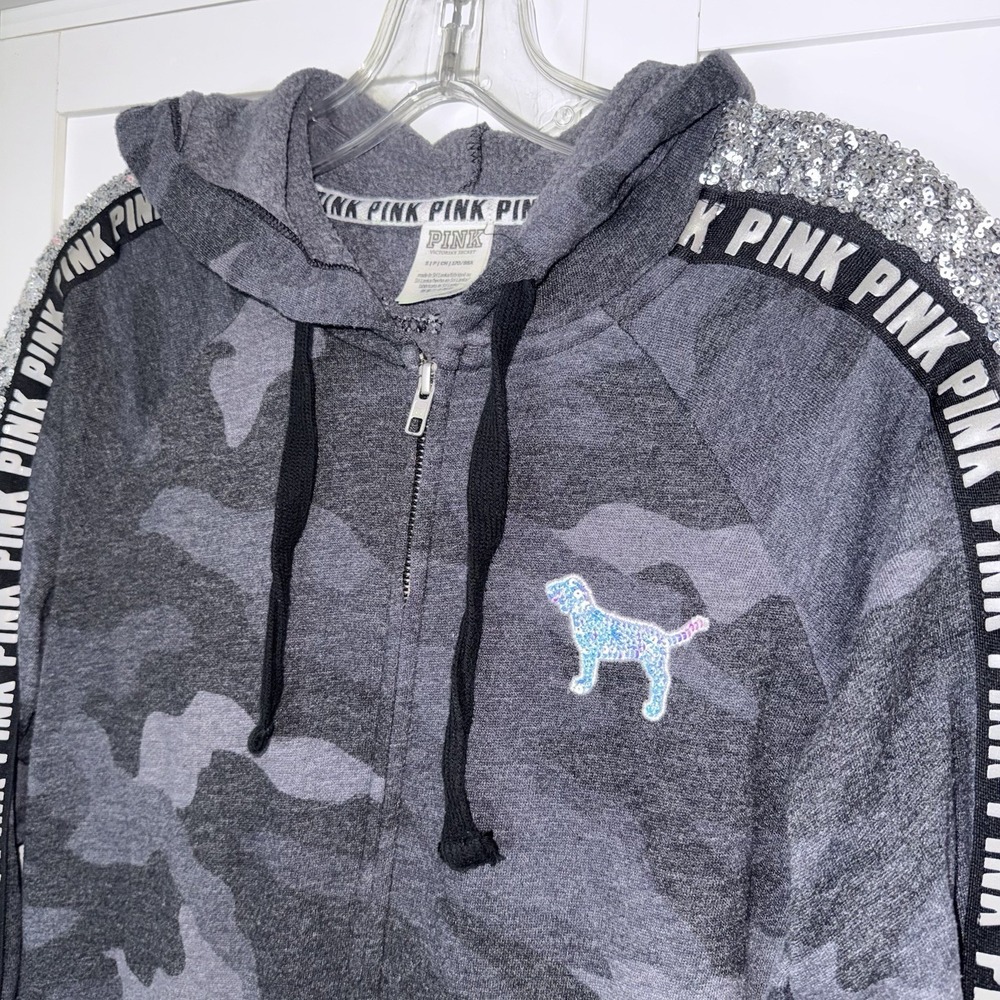 PINK Victoria's Secret Camo Sequin Full Zip Hoodie Womens Small Y2K Bling Dog - Picture 3 of 8